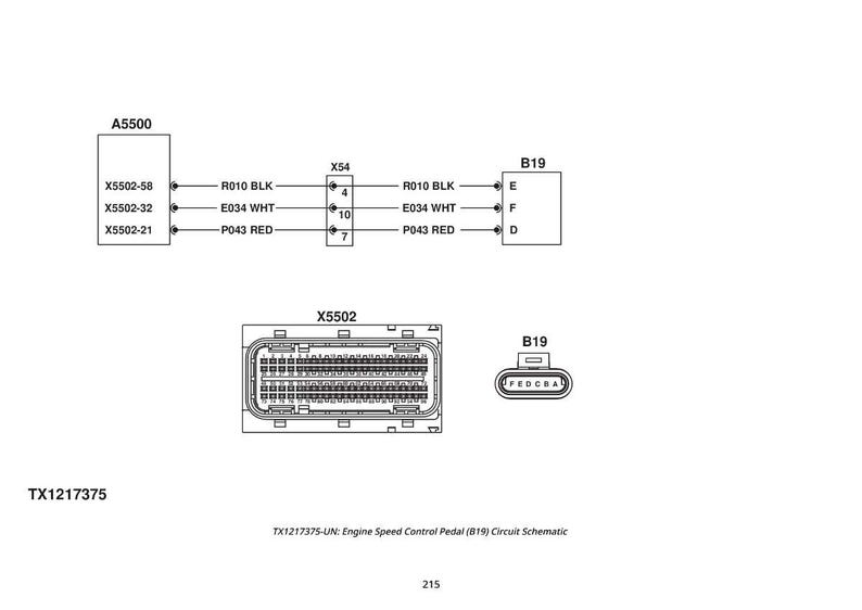 May include: Diagram of an engine speed control pedal (B19) circuit schematic. The image shows labelled components including A5500, X54, X5502, and B19, with connecting lines and text labels for wires and connections. The text "TX1217375" is also present.
