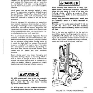 May include: A page from a manual titled "Tires and Rims" with safety warnings and instructions. Includes a diagram of a tire handler, a type of forklift, and text about tire maintenance and safety.