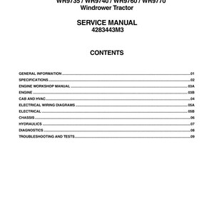 Puede incluir: Un manual de servicio blanco para un tractor hilerador Massey Ferguson. El manual incluye una tabla de contenidos con secciones sobre informaci&oacute;n general, motor, diagramas de cableado el&eacute;ctrico y m&aacute;s. El n&uacute;mero de pieza del manual es 4283443M3.