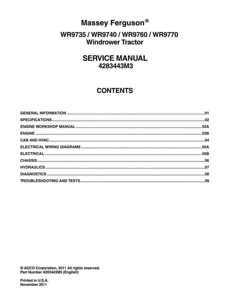 Puede incluir: Un manual de servicio blanco para un tractor hilerador Massey Ferguson. El manual incluye una tabla de contenidos con secciones sobre informaci&oacute;n general, motor, diagramas de cableado el&eacute;ctrico y m&aacute;s. El n&uacute;mero de pieza del manual es 4283443M3.