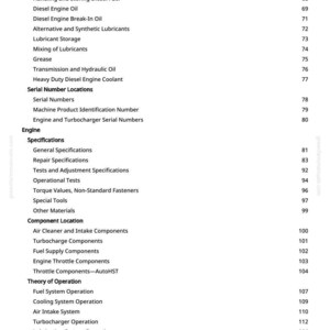 May include: A manual page showing a table of contents. Topics include fuel, lubricants, engine specifications, and diagnostics. Page numbers are listed on the right-hand side.