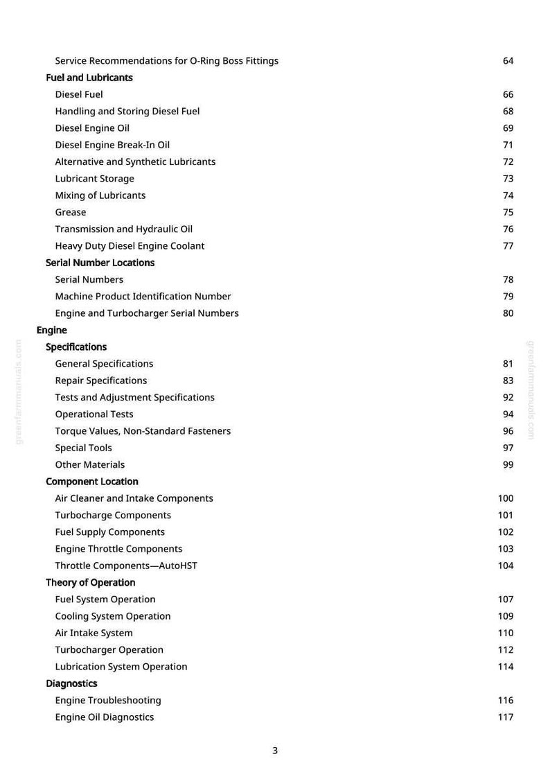 May include: A manual page showing a table of contents. Topics include fuel, lubricants, engine specifications, and diagnostics. Page numbers are listed on the right-hand side.