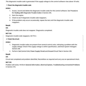May include: A white document with black text detailing diagnostic troubleshooting steps for control software. The document is titled "OIC 000168.03 - Control Software, Supply Voltage Too High" and includes instructions and results.