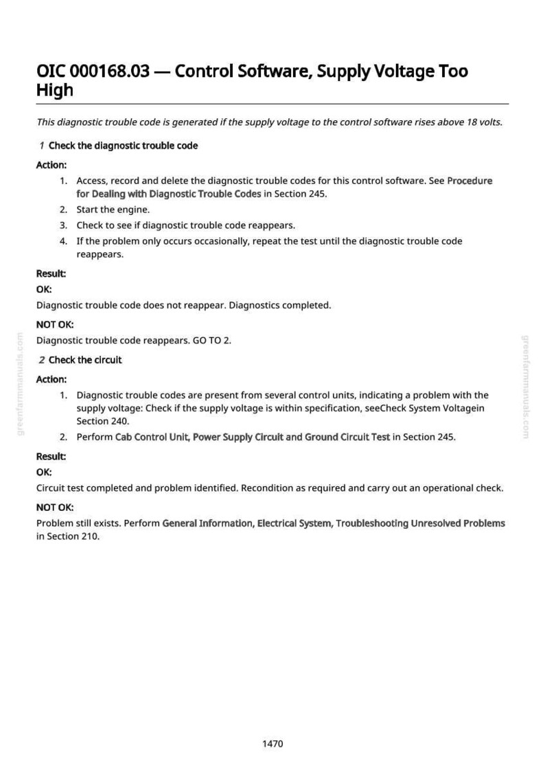 May include: A white document with black text detailing diagnostic troubleshooting steps for control software. The document is titled "OIC 000168.03 - Control Software, Supply Voltage Too High" and includes instructions and results.