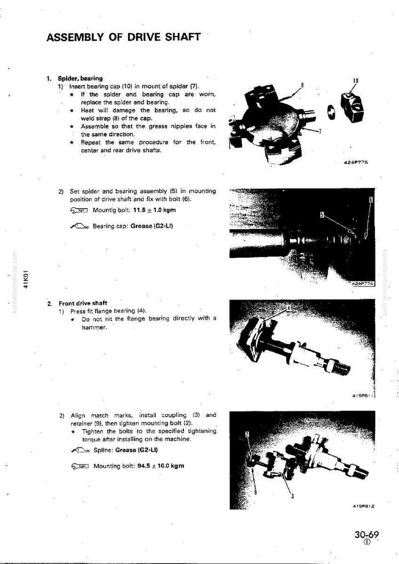 May include: A technical diagram titled "ASSEMBLY OF DRIVE SHAFT" with detailed instructions and illustrations of mechanical components. The image includes close-ups of parts, diagrams, and text, with measurements in kgm.