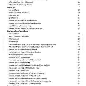 Puede incluir: Una p&aacute;gina blanca de un manual con una lista de procedimientos mec&aacute;nicos, incluyendo "Desmontar, inspeccionar y montar el conjunto diferencial" y "Quitar e instalar el eje MFWD". El n&uacute;mero de p&aacute;gina es 8.