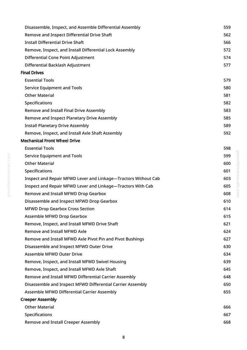 Puede incluir: Una p&aacute;gina blanca de un manual con una lista de procedimientos mec&aacute;nicos, incluyendo "Desmontar, inspeccionar y montar el conjunto diferencial" y "Quitar e instalar el eje MFWD". El n&uacute;mero de p&aacute;gina es 8.