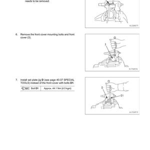 May include: Diagram from a manual detailing the disassembly and assembly of a steering gear box. The image includes numbered steps with illustrations, including removing the potentiometer cover and front cover, and installing a set plate jig.