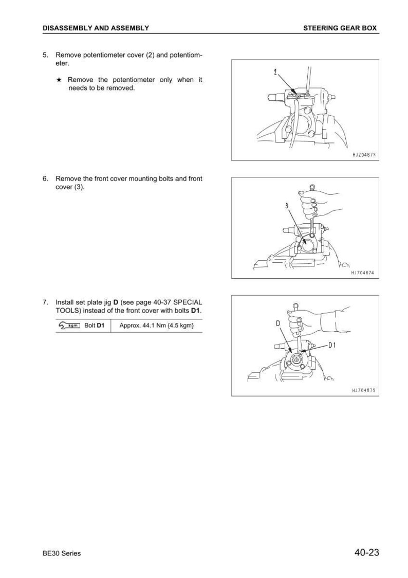 May include: Diagram from a manual detailing the disassembly and assembly of a steering gear box. The image includes numbered steps with illustrations, including removing the potentiometer cover and front cover, and installing a set plate jig.