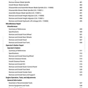 K&ouml;nnte beinhalten: Eine gedruckte Seite aus einem Handbuch mit einem detaillierten Inhaltsverzeichnis. Der Text ist schwarz auf wei&szlig;em Hintergrund, mit Abschnitten wie "M&auml;hmesser aus- und einbauen" und "Reparatur der Bedienereinheit".