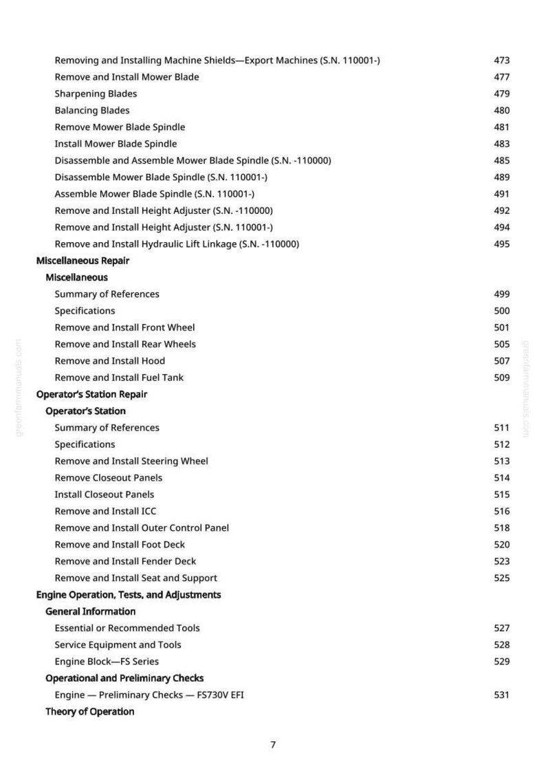 K&ouml;nnte beinhalten: Eine gedruckte Seite aus einem Handbuch mit einem detaillierten Inhaltsverzeichnis. Der Text ist schwarz auf wei&szlig;em Hintergrund, mit Abschnitten wie "M&auml;hmesser aus- und einbauen" und "Reparatur der Bedienereinheit".