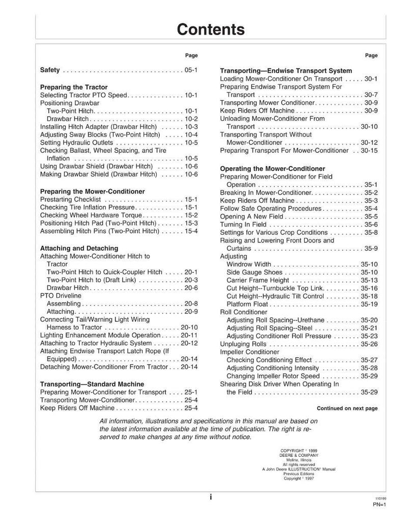 Pu&ograve; includere: Pagina del sommario di un manuale per una falciacondizionatrice. La pagina elenca sezioni come "Sicurezza", "Preparazione del trattore" e "Trasporto". Il manuale &egrave; di Deere & Company.