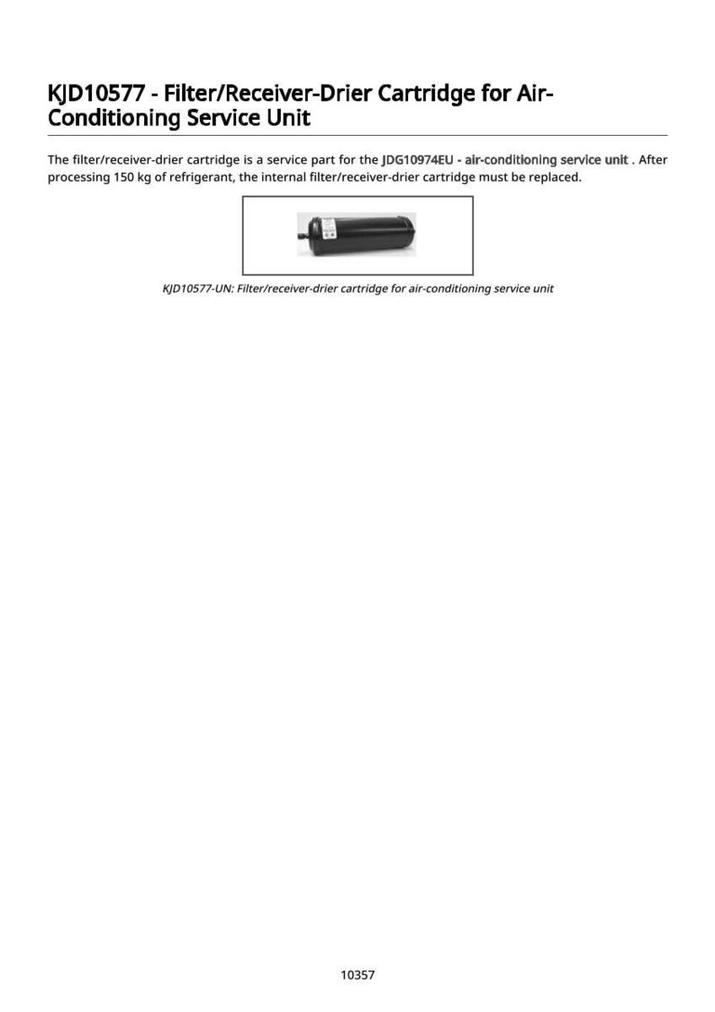 K&ouml;nnte beinhalten: Bild einer schwarzen Filter-/Trocknerpatrone f&uuml;r eine Klimaanlagen-Serviceeinheit. Der Text "KJD10577 - Filter/Receiver-Drier Cartridge for Air-Conditioning Service Unit" steht oben. Der Text "KJD10577-UN: Filter/receiver-drier cartridge for air-conditioning service unit" ist ebenfalls vorhanden.