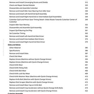 May include: A white-background page from a manual with a list of specifications and procedures for a cutterbar assembly. The text includes terms like "Remove and Install", "Check", and "Replace Knives".