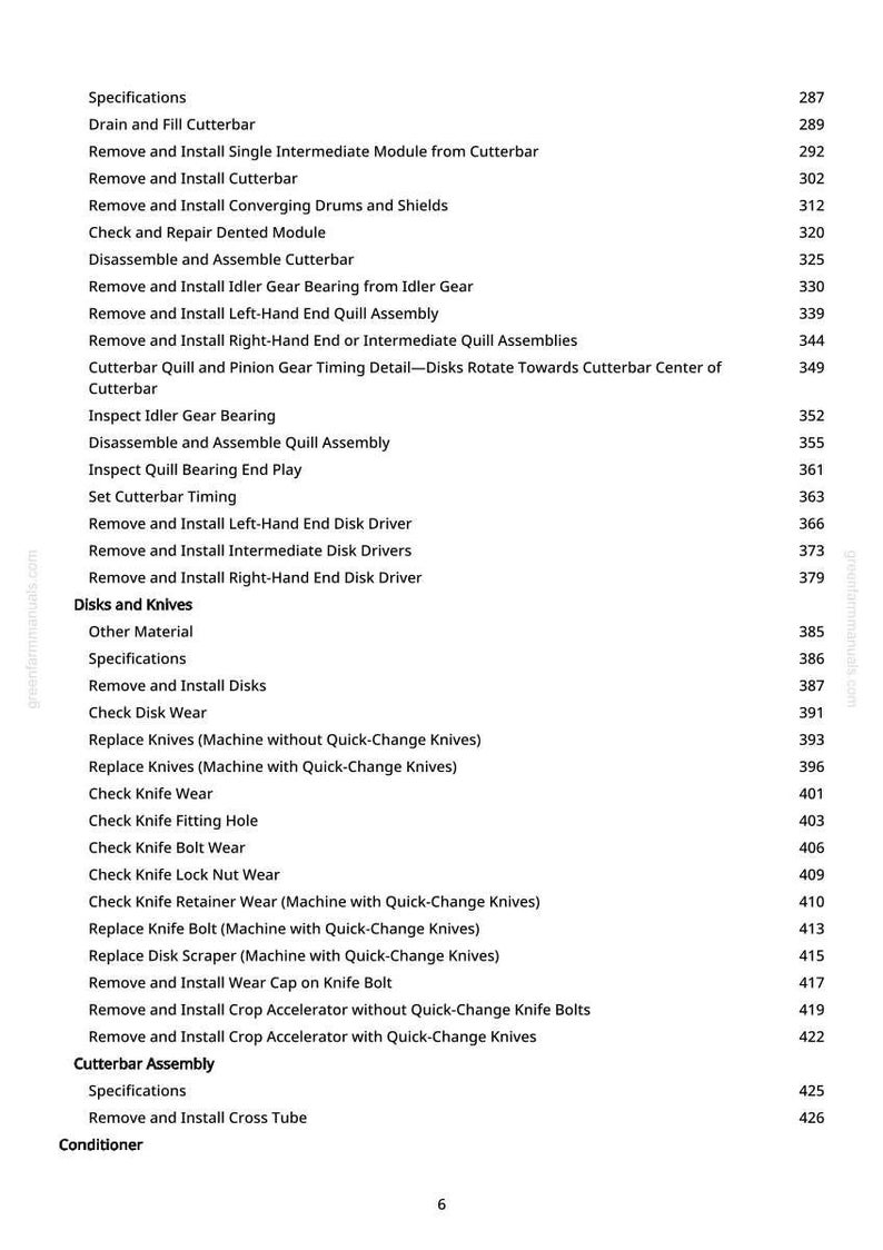 May include: A white-background page from a manual with a list of specifications and procedures for a cutterbar assembly. The text includes terms like "Remove and Install", "Check", and "Replace Knives".