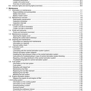May include: A detailed table of contents from a manual, featuring sections on operation, maintenance, fuel system, and cooling system. The document includes page numbers and subheadings for easy navigation. The Weidemann logo is visible.
