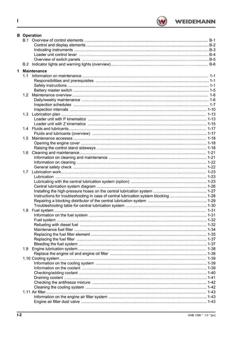 May include: A detailed table of contents from a manual, featuring sections on operation, maintenance, fuel system, and cooling system. The document includes page numbers and subheadings for easy navigation. The Weidemann logo is visible.