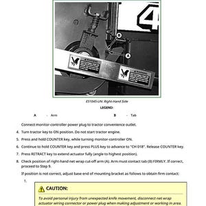 May include: Diagram of machinery components with labels A and B, and a warning label. Text includes instructions for operation and a caution about injury. The image is in black and white.