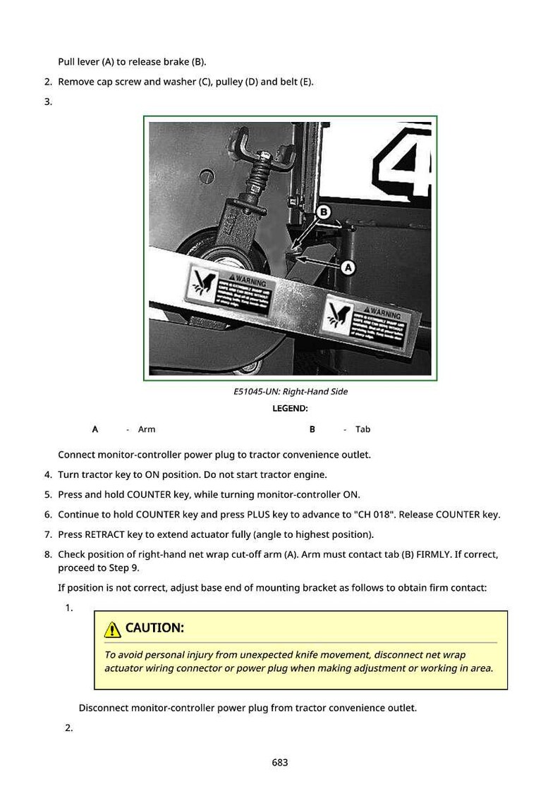 May include: Diagram of machinery components with labels A and B, and a warning label. Text includes instructions for operation and a caution about injury. The image is in black and white.