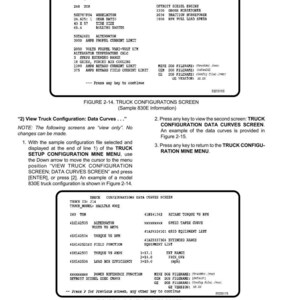 May include: A technical document with text and data displays truck configuration information. The document includes tables with data such as truck ID, model, and various operational parameters. The document is titled "Truck Configurations Screen."