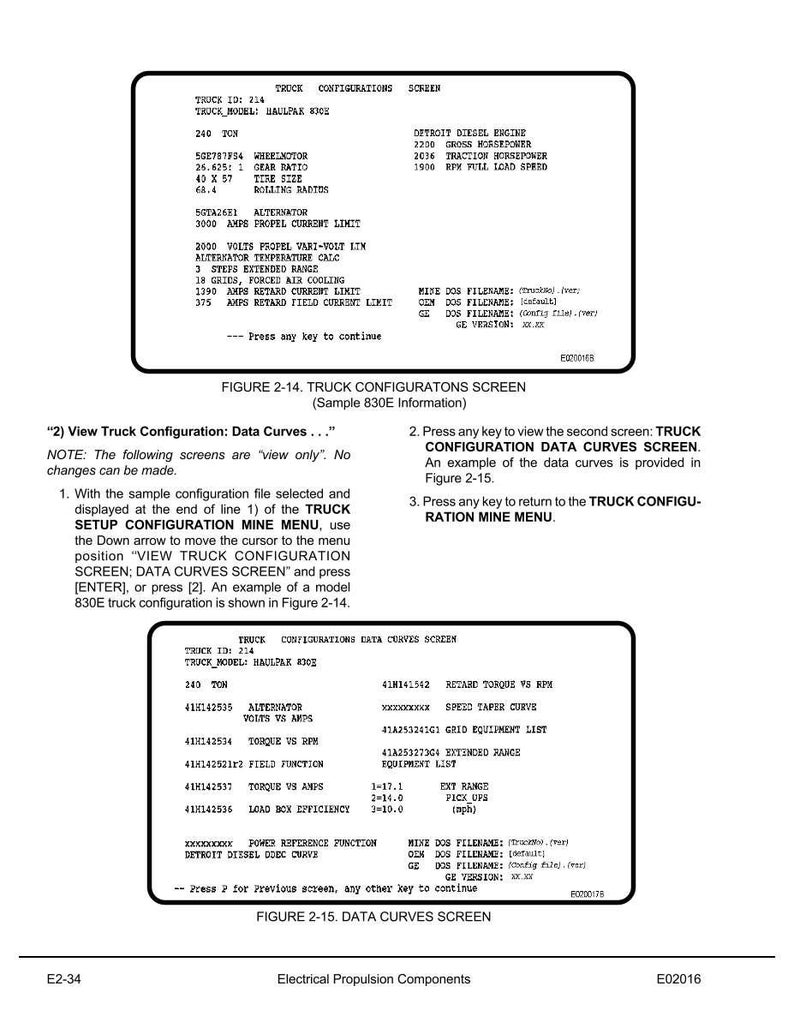 May include: A technical document with text and data displays truck configuration information. The document includes tables with data such as truck ID, model, and various operational parameters. The document is titled "Truck Configurations Screen."