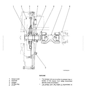 May include: Diagram of a damper and universal joint assembly, with labels for output shaft, flywheel, damper, oil filler plug, cover, output coupling, universal joint, transmission input coupling, and oil level plug. Text includes "OUTLINE" and technical details.