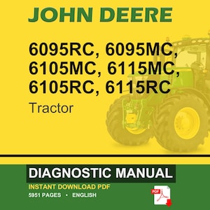 May include: A John Deere tractor is featured on a yellow background. The image includes the text "JOHN DEERE" in green, along with tractor model numbers. Below the tractor, the words "DIAGNOSTIC MANUAL" are displayed.
