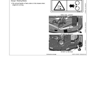 May include: A page from a manual with safety labels for a mower. The labels warn about rotating blades and the danger of putting hands or feet under the mower. Diagrams of mower components are also shown.