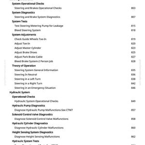 May include: A page from a manual with a table of contents. The text includes topics like "Steering and Brakes", "Hydraulic System", and "System Diagnostics". Page numbers are listed on the right.
