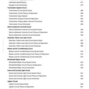 May include: A page from a manual with a list of automotive circuit topics, including gauges, tachometer, and windshield wiper circuits. The text is black on a white background, with page numbers on the right.