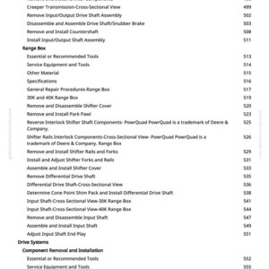 May include: A manual page detailing machinery repair procedures. The text lists components and processes, including "Creeper Transmission," "Range Box," and "Drive Shaft." The page number "10" is displayed.