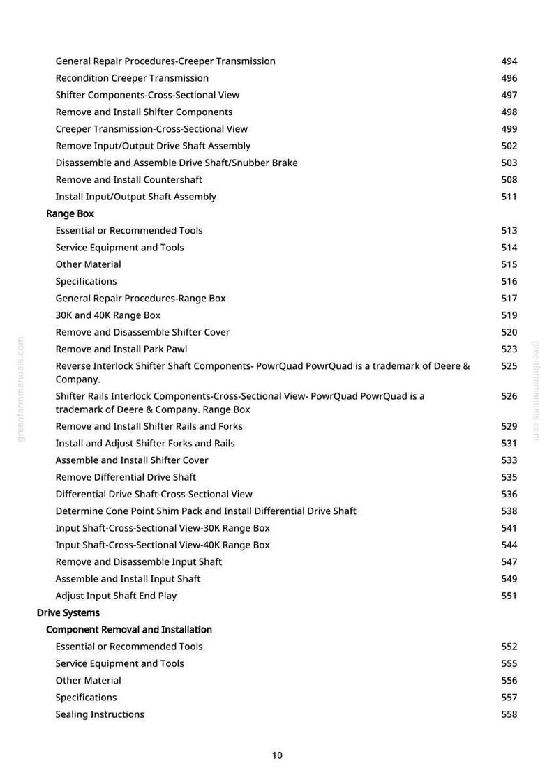 May include: A manual page detailing machinery repair procedures. The text lists components and processes, including "Creeper Transmission," "Range Box," and "Drive Shaft." The page number "10" is displayed.