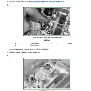 May include: Diagram of a cylinder head disassembly process. The image shows close-up views of engine components, including valve and spring assemblies, and stem seals. Text labels and arrows indicate parts and steps.