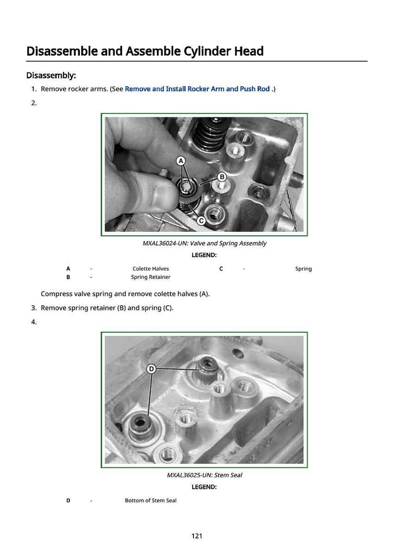 May include: Diagram of a cylinder head disassembly process. The image shows close-up views of engine components, including valve and spring assemblies, and stem seals. Text labels and arrows indicate parts and steps.