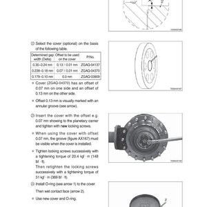 May include: Diagram with mechanical components, including a planetary carrier, output shaft, and gap width. Instructions detail cover selection, offset measurements in millimeters, and tightening torque specifications in kgf&middot;m and lbf&middot;ft.