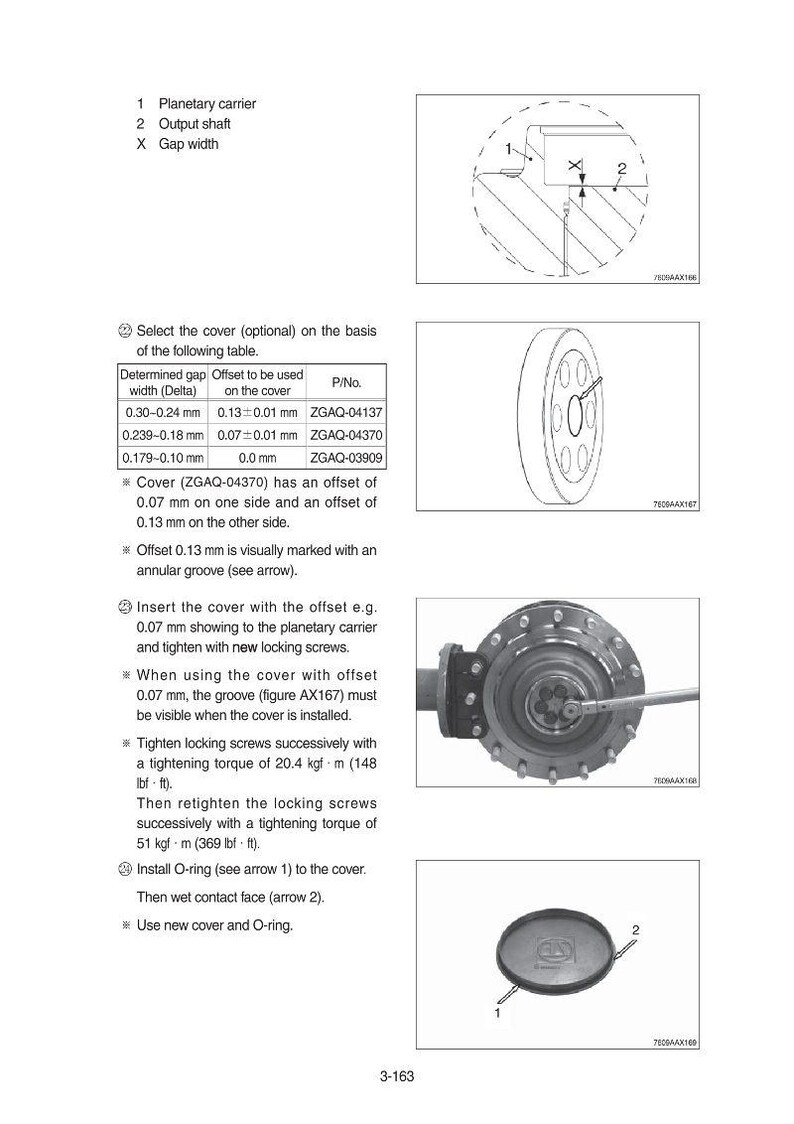 May include: Diagram with mechanical components, including a planetary carrier, output shaft, and gap width. Instructions detail cover selection, offset measurements in millimeters, and tightening torque specifications in kgf&middot;m and lbf&middot;ft.