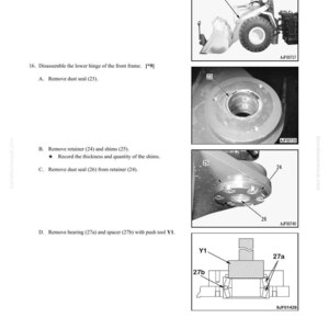 May include: Diagram of disassembly and assembly instructions for a front frame assembly. Includes illustrations of parts such as dust seals, retainers, shims, bearings, and spacers. Text includes part numbers and steps for removal.