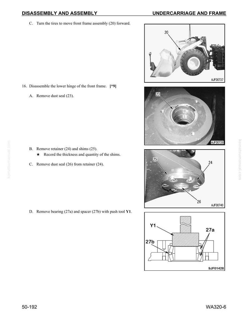 May include: Diagram of disassembly and assembly instructions for a front frame assembly. Includes illustrations of parts such as dust seals, retainers, shims, bearings, and spacers. Text includes part numbers and steps for removal.