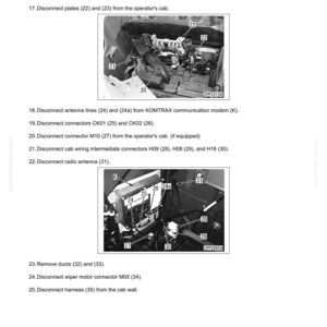 May include: Diagram of disassembly and assembly instructions for an operator's cab. The image includes detailed illustrations of removing and disconnecting various components, such as ducts, connectors, and antenna lines. Text labels identify each part for clarity.