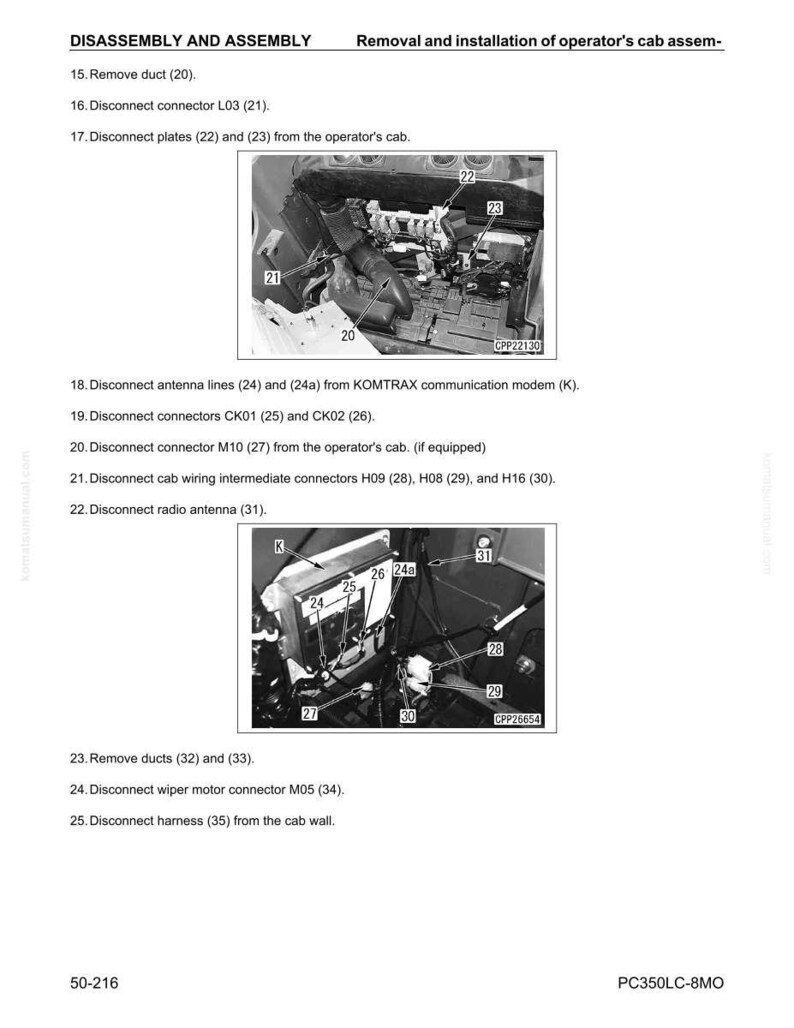 May include: Diagram of disassembly and assembly instructions for an operator's cab. The image includes detailed illustrations of removing and disconnecting various components, such as ducts, connectors, and antenna lines. Text labels identify each part for clarity.