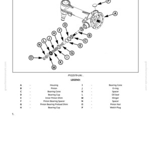 Puede incluir: Un diagrama detallado que ilustra el montaje y la instalaci&oacute;n de una secci&oacute;n central, con componentes etiquetados como carcasa, pi&ntilde;&oacute;n, conos de rodamiento y espaciadores. El diagrama incluye el texto "Center Section Assembly & Installation" y una leyenda.