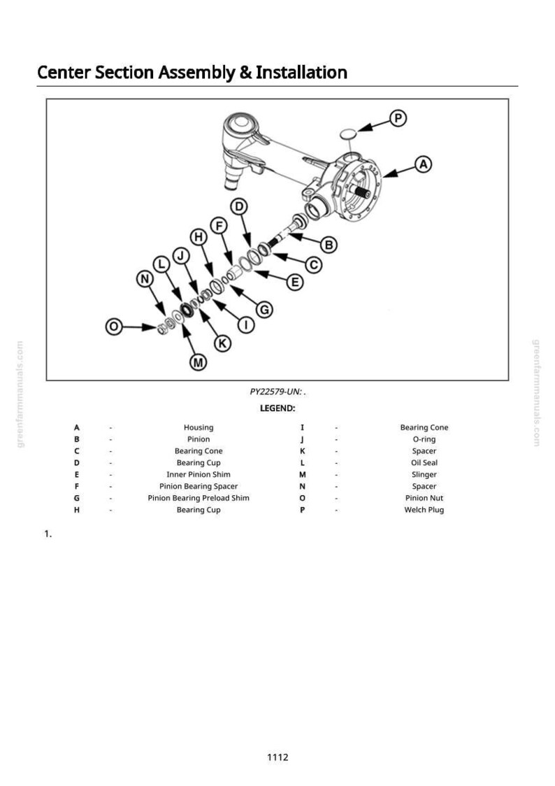 Puede incluir: Un diagrama detallado que ilustra el montaje y la instalaci&oacute;n de una secci&oacute;n central, con componentes etiquetados como carcasa, pi&ntilde;&oacute;n, conos de rodamiento y espaciadores. El diagrama incluye el texto "Center Section Assembly & Installation" y una leyenda.