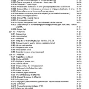 May include: A detailed table of contents in French, listing various mechanical components with corresponding page numbers. The document includes terms like "Embrayage de prise de force" and "Diff&eacute;rentiel".
