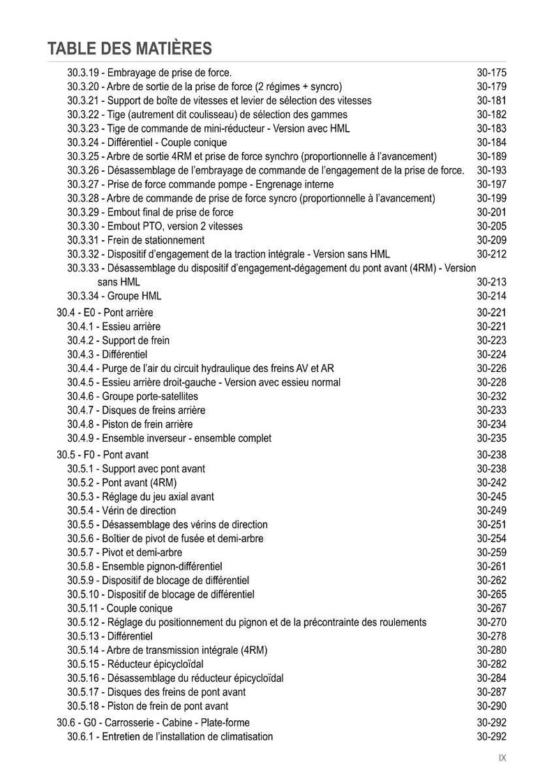 May include: A detailed table of contents in French, listing various mechanical components with corresponding page numbers. The document includes terms like "Embrayage de prise de force" and "Diff&eacute;rentiel".