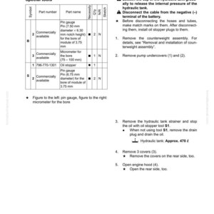 May include: A technical diagram detailing the removal and installation of a main pump assembly. The diagram includes a parts list with pin gauges, micrometers, and an oil stopper. Instructions are provided for disassembly and removal.