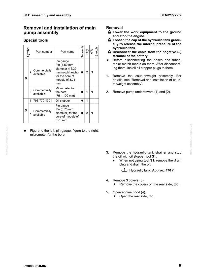 May include: A technical diagram detailing the removal and installation of a main pump assembly. The diagram includes a parts list with pin gauges, micrometers, and an oil stopper. Instructions are provided for disassembly and removal.