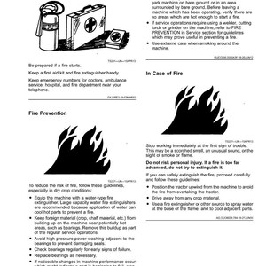 May include: Safety instructions page with illustrations. Includes a first aid kit, fire extinguisher, and fire prevention guidelines. Text details emergency preparation, fire prevention, and actions in case of fire.