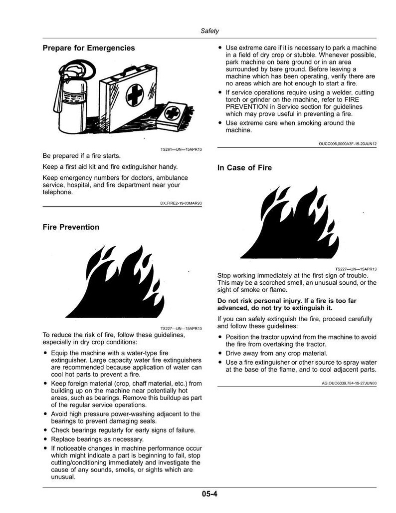 May include: Safety instructions page with illustrations. Includes a first aid kit, fire extinguisher, and fire prevention guidelines. Text details emergency preparation, fire prevention, and actions in case of fire.
