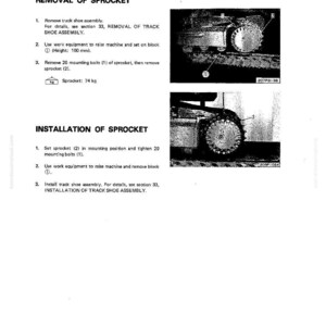 May include: A manual diagram showing the removal and installation of a sprocket. The text provides instructions and measurements, including a height of 100 mm. The sprocket's weight is 74 kg. Images of the machinery are included.