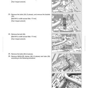 May include: Diagram of hydraulic oil cooler assembly with numbered steps for disassembly and reassembly. Includes images of components, bolts, clamps, and tubes. Text instructions detail the removal of bolts and clamps, specifying sizes in millimeters.